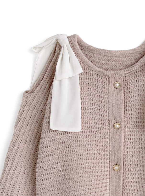 ショルダーオープンリボンモールニットカーディガン