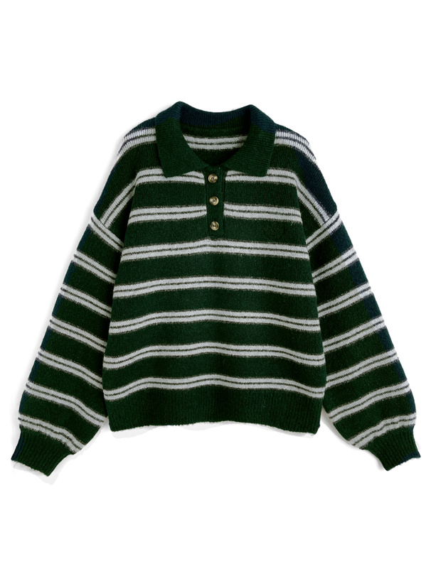 ボーダー柄ロゴ刺繍ポロニットトップス