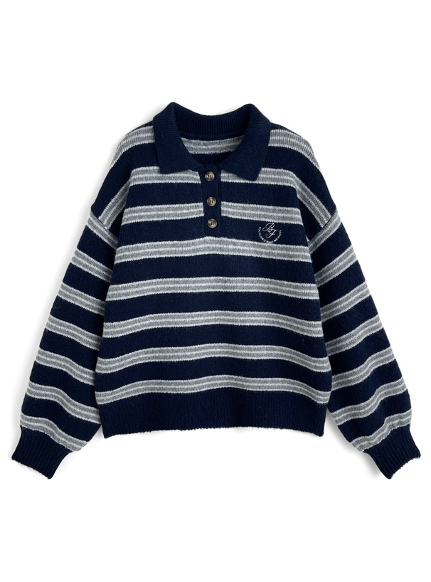 ボーダー柄ロゴ刺繍ポロニットトップス