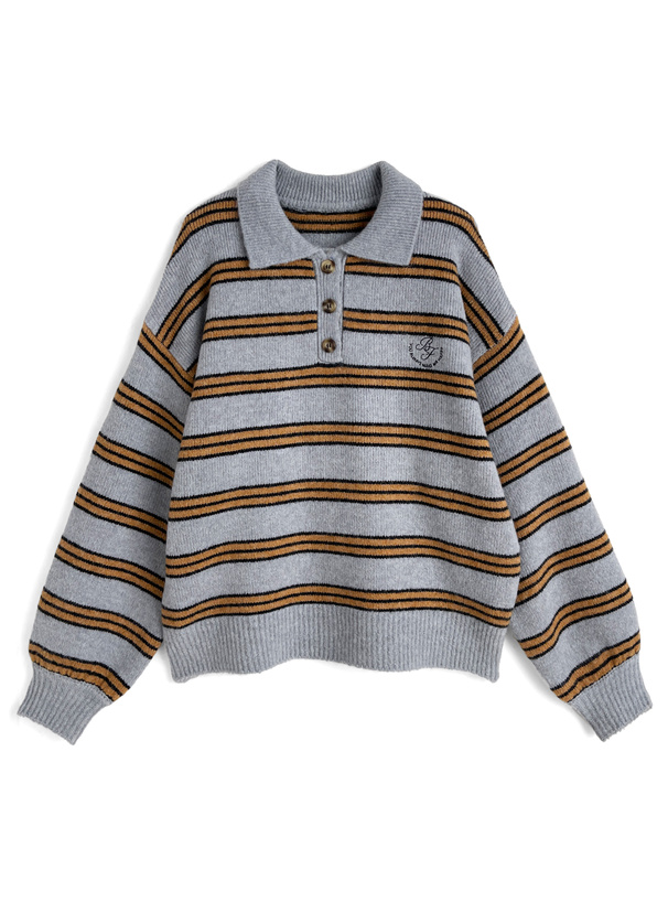 ボーダー柄ロゴ刺繍ポロニットトップス[fu300]