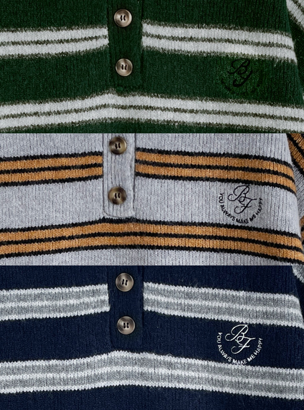 ボーダー柄ロゴ刺繍ポロニットトップス