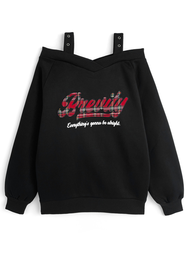 チェック柄ロゴオフショルダースウェットトップス[fu302]