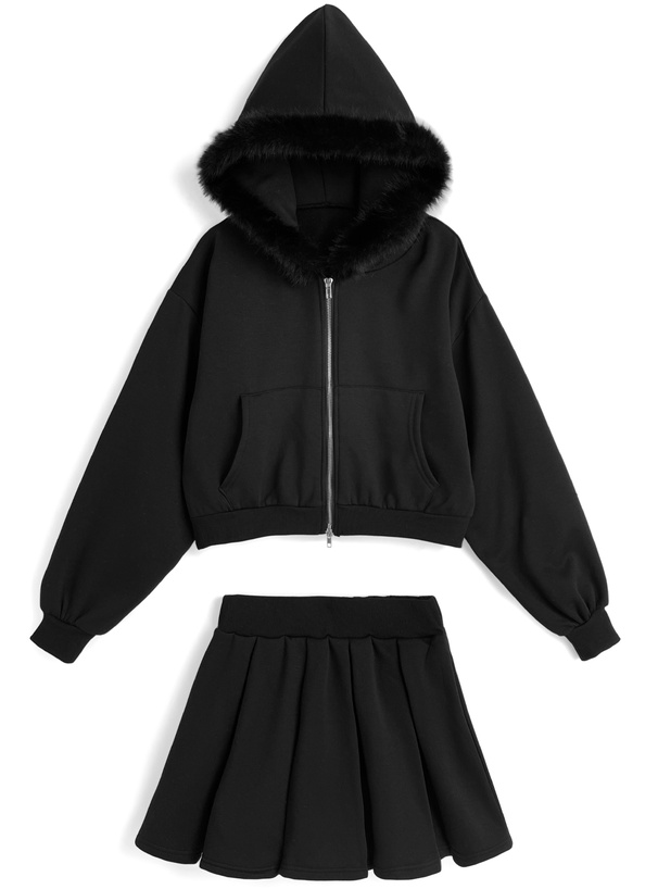 ファーフードパーカー×フレアミニスカートスウェットセットアップ