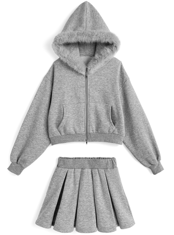 ファーフードパーカー×フレアミニスカートスウェットセットアップ