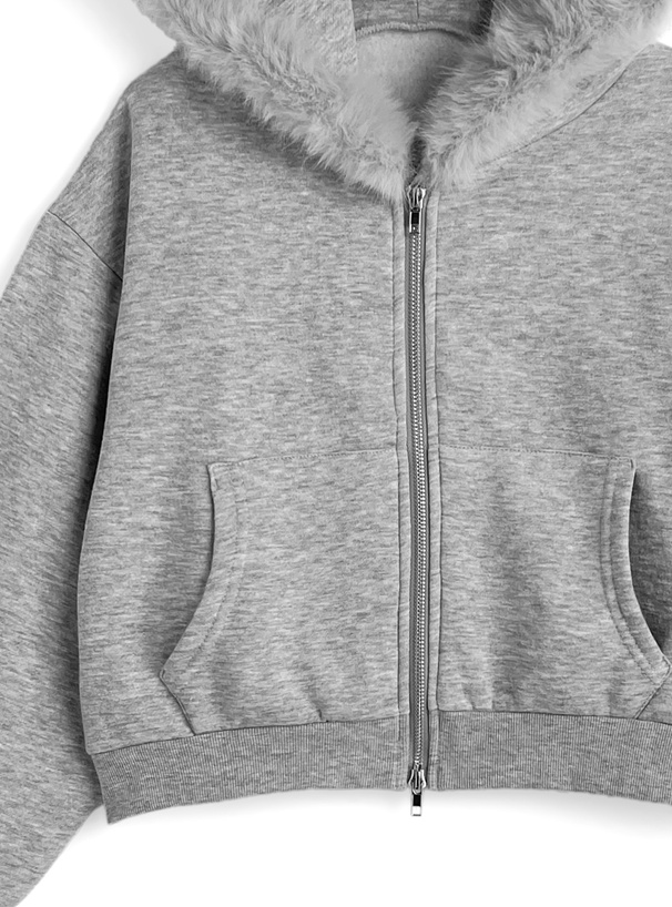 ファーフードパーカー×フレアミニスカートスウェットセットアップ