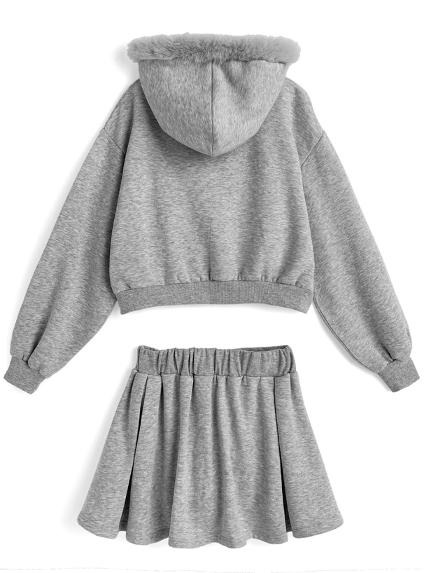 ファーフードパーカー×フレアミニスカートスウェットセットアップ