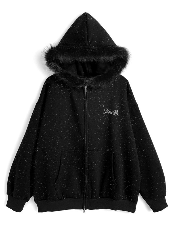 ファーフードダブルジップラメスウェットパーカー[fu306] | レディース