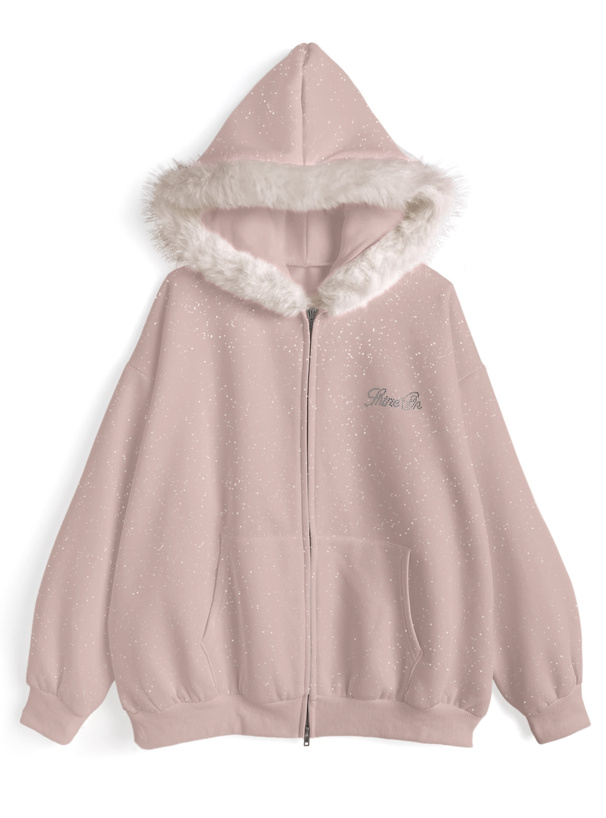 ファーフードダブルジップラメスウェットパーカー