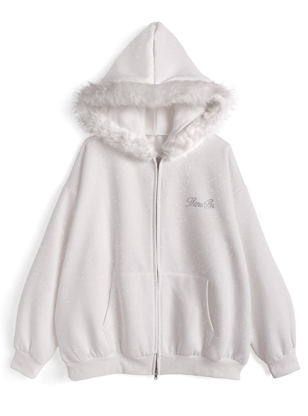 ファーフードダブルジップラメスウェットパーカー