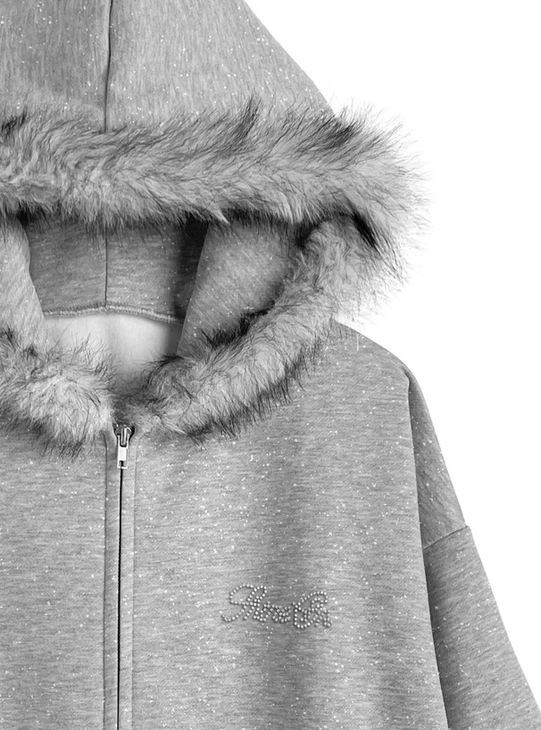 ファーフードダブルジップラメスウェットパーカー