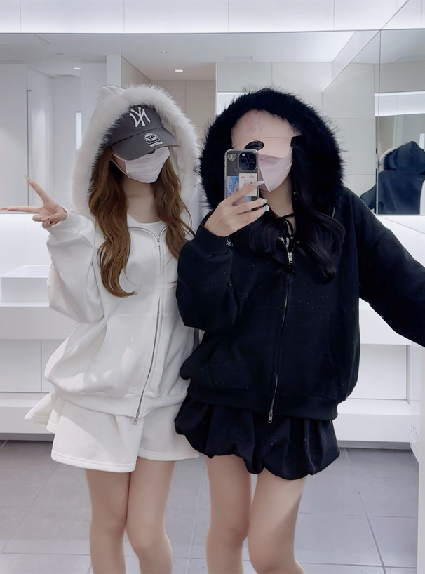 ファーフードダブルジップラメスウェットパーカー[fu306] | レディース