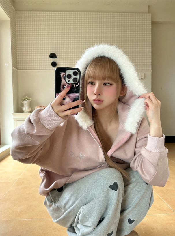 ファーフードダブルジップラメスウェットパーカー[fu306] | レディース