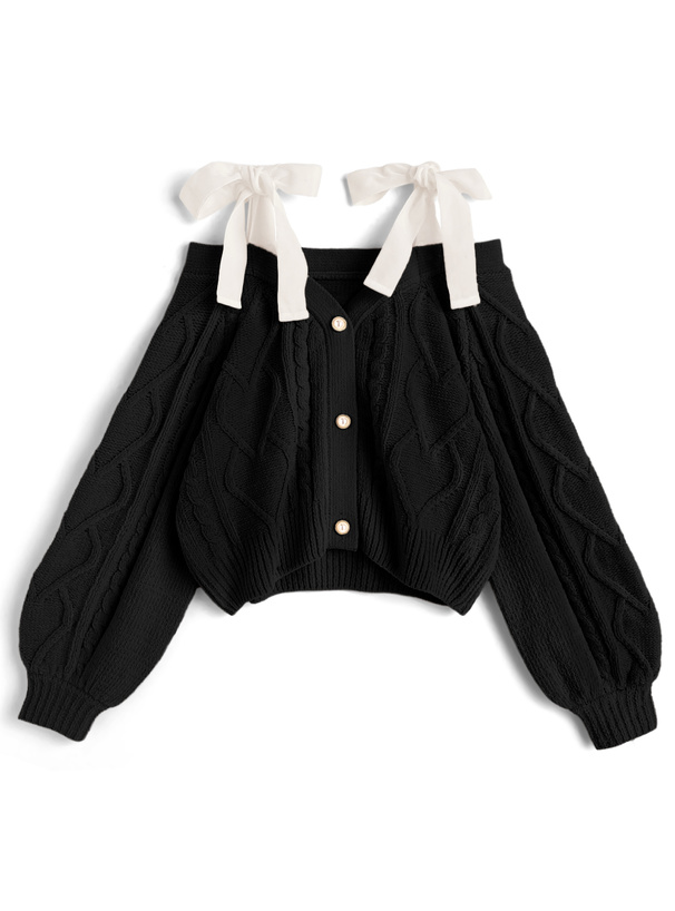 オフショルダーリボンケーブル編みニットカーディガン[fu307]