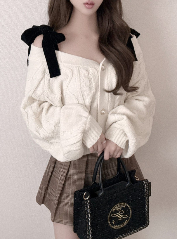 オフショルダーリボンケーブル編みニットカーディガン[fu307