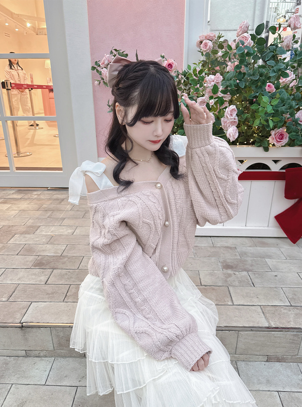 オフショルダーリボンケーブル編みニットカーディガン[fu307