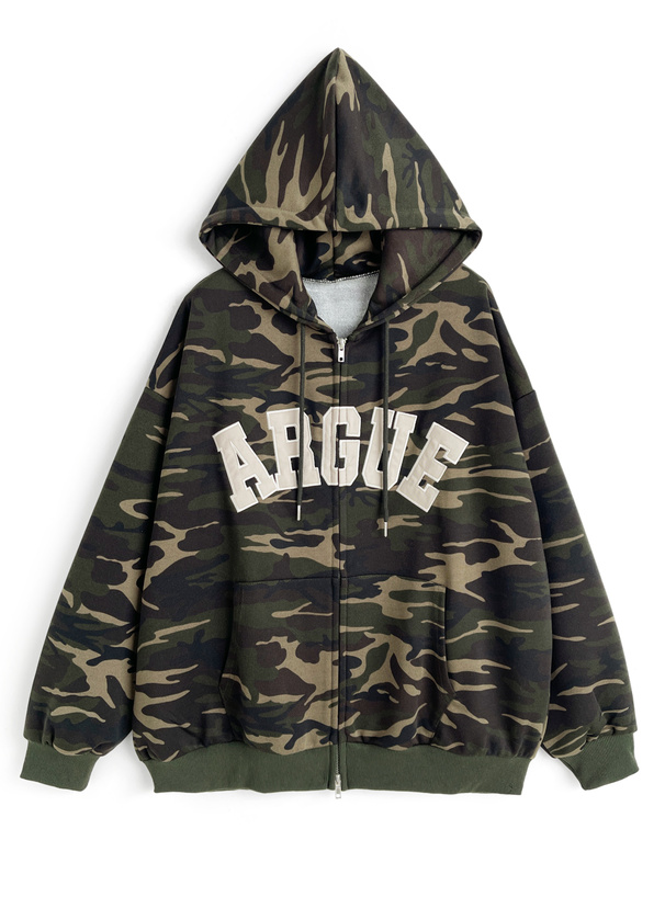 カモフラージュ柄ロゴ刺繍ダブルジップスウェットパーカー[fu308