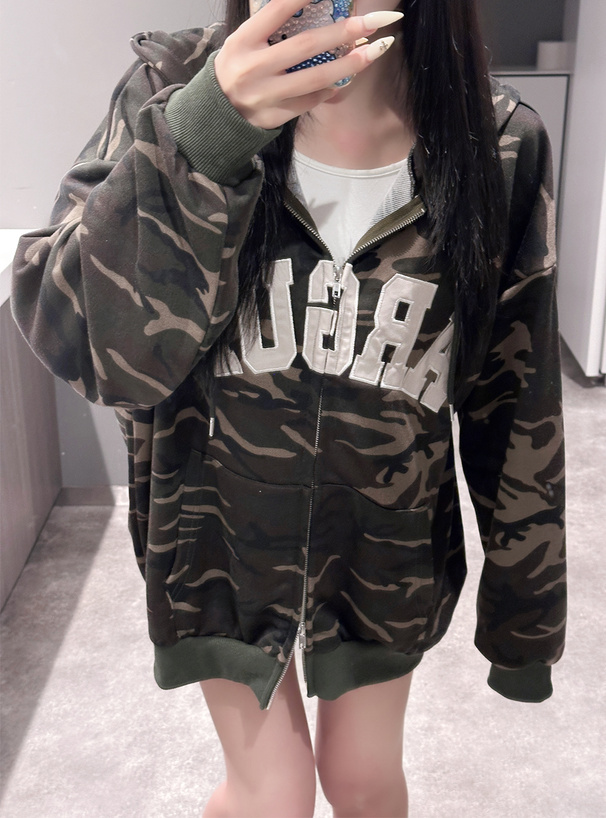 カモフラージュ柄ロゴ刺繍ダブルジップスウェットパーカー[fu308