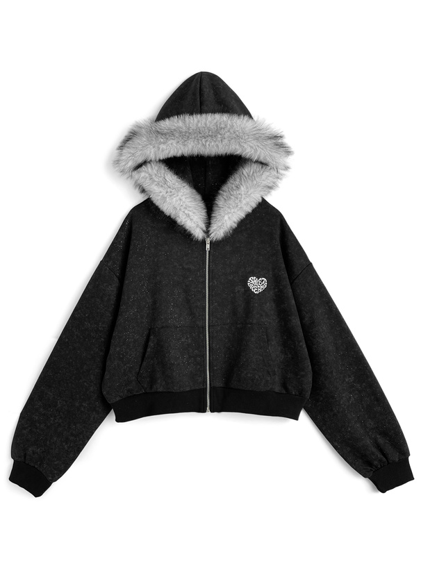 ファーフードロゴ刺繍ラメスウェットパーカー