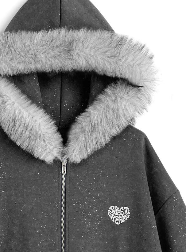 ファーフードロゴ刺繍ラメスウェットパーカー