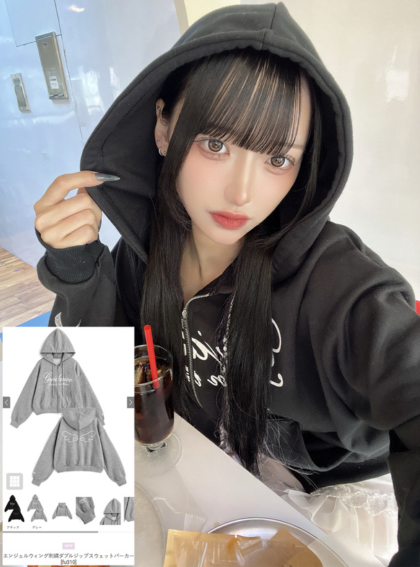 エンジェルウィング刺繍ダブルジップスウェットパーカー