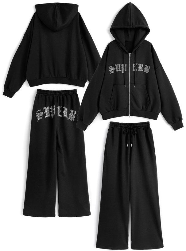 ラインストーンロゴパーカー×ワイドパンツスウェットセットアップ