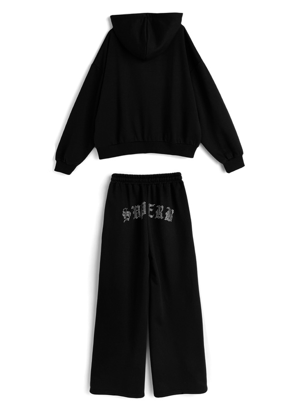ラインストーンロゴパーカー×ワイドパンツスウェットセットアップ