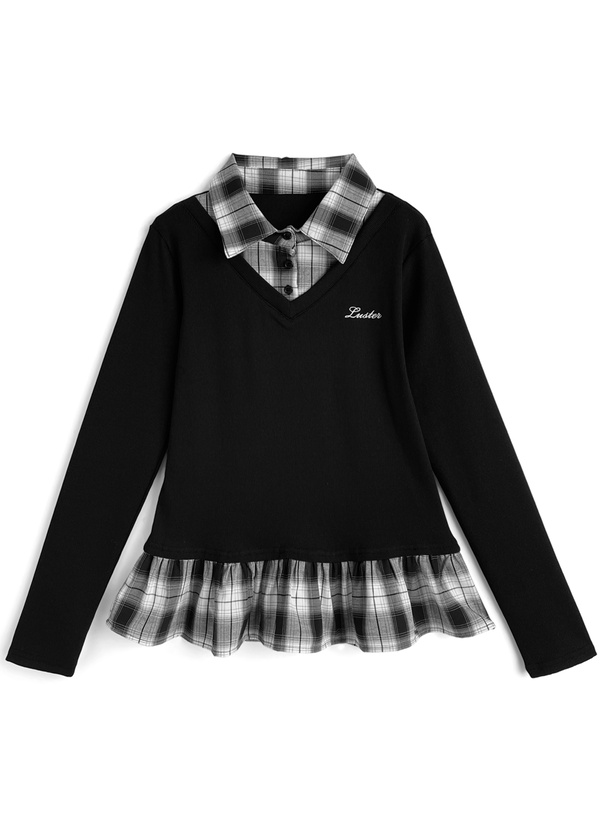 チェック柄シャツレイヤード風トップス[fu319]