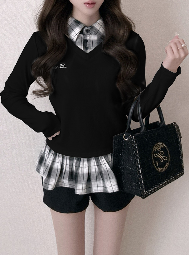 チェック柄シャツレイヤード風トップス