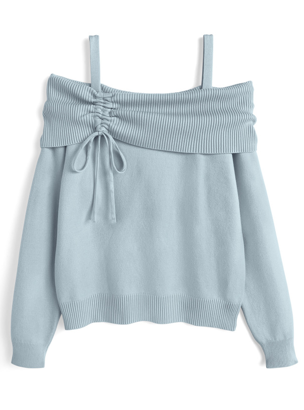 ドロストリボンオフショルダーニットトップス