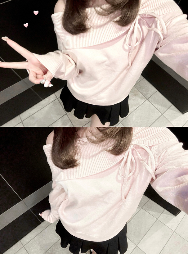 ドロストリボンオフショルダーニットトップス