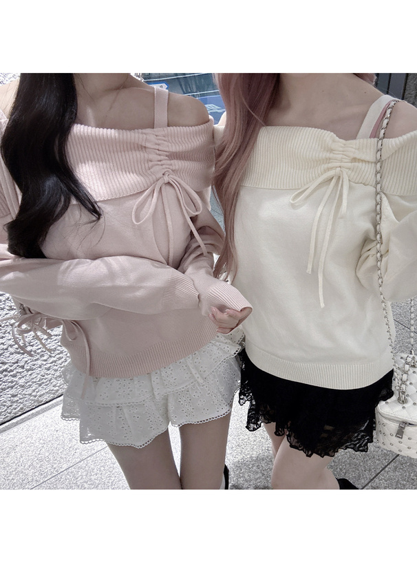 ドロストリボンオフショルダーニットトップス