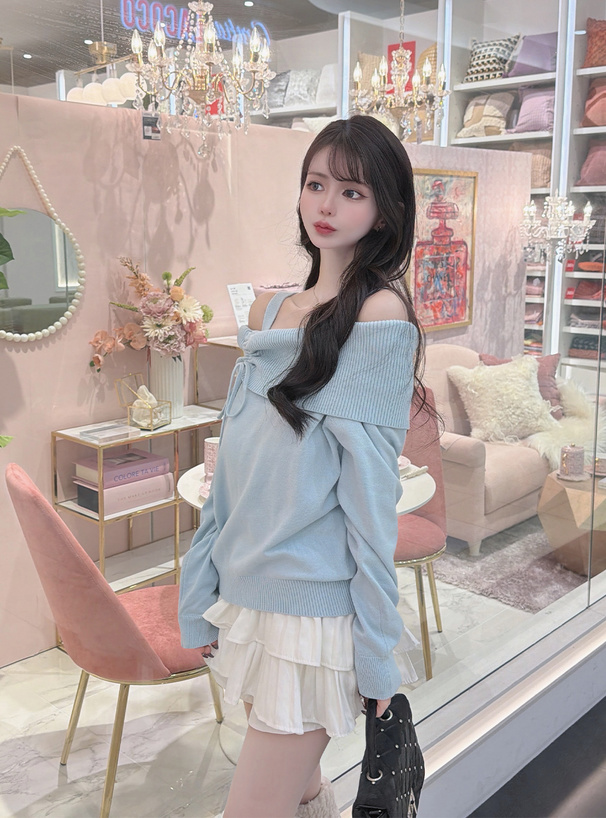 ドロストリボンオフショルダーニットトップス