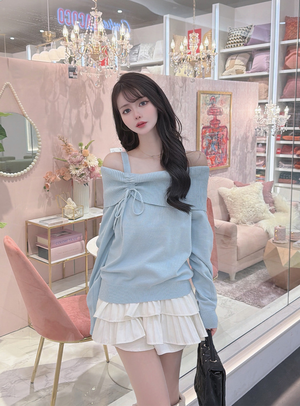 ドロストリボンオフショルダーニットトップス