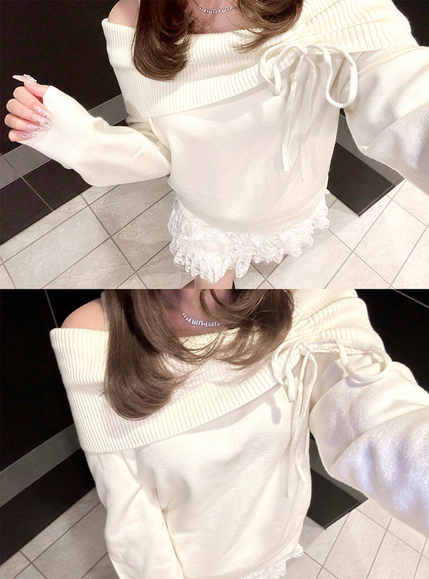 ドロストリボンオフショルダーニットトップス