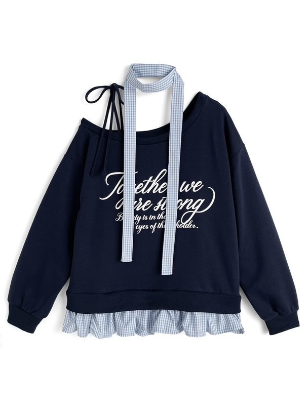 タイ付きチェック柄ドッキングワンショルダースウェットトップス[fu322]
