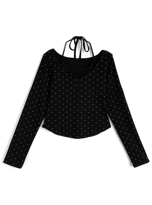 ドット柄ホルターネックレイヤード風リブトップス