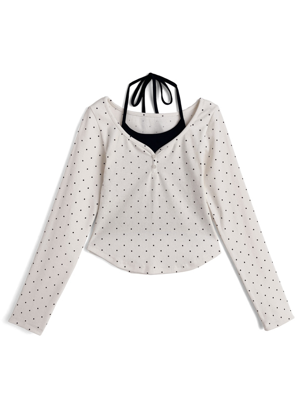 ドット柄ホルターネックレイヤード風リブトップス