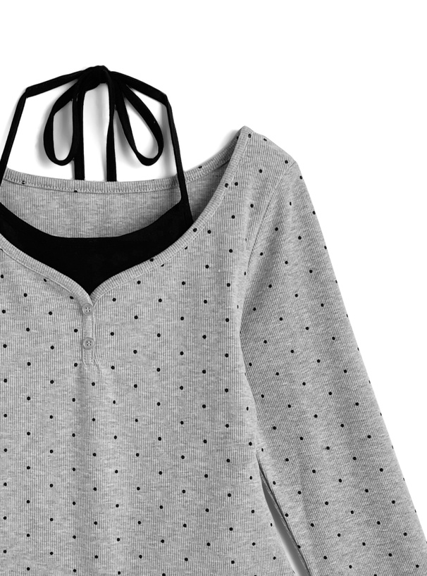 ドット柄ホルターネックレイヤード風リブトップス