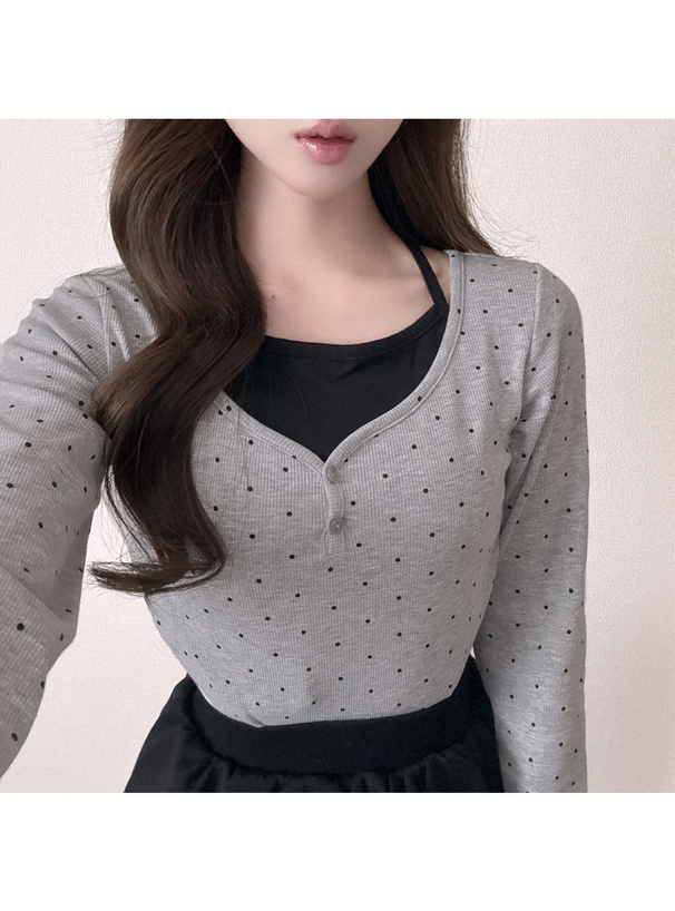 ドット柄ホルターネックレイヤード風リブトップス