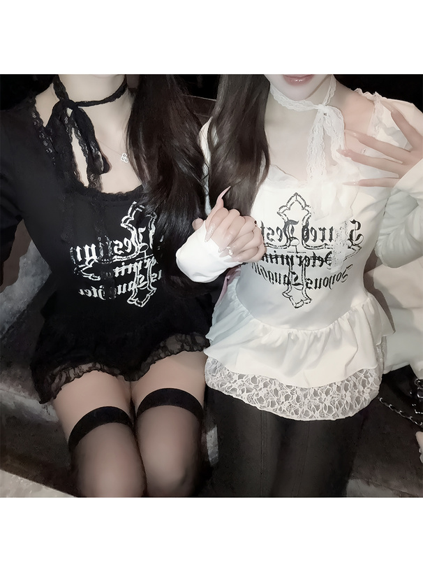 レースタイ付きロゴプリントレースドッキングアシンメトリートップス