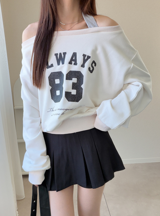 ホルターネックロゴプリントオフショルダースウェットトップス