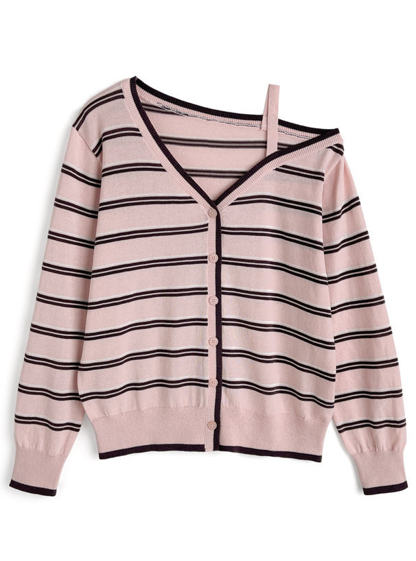 ボーダー柄ワンショルダーニットカーディガン