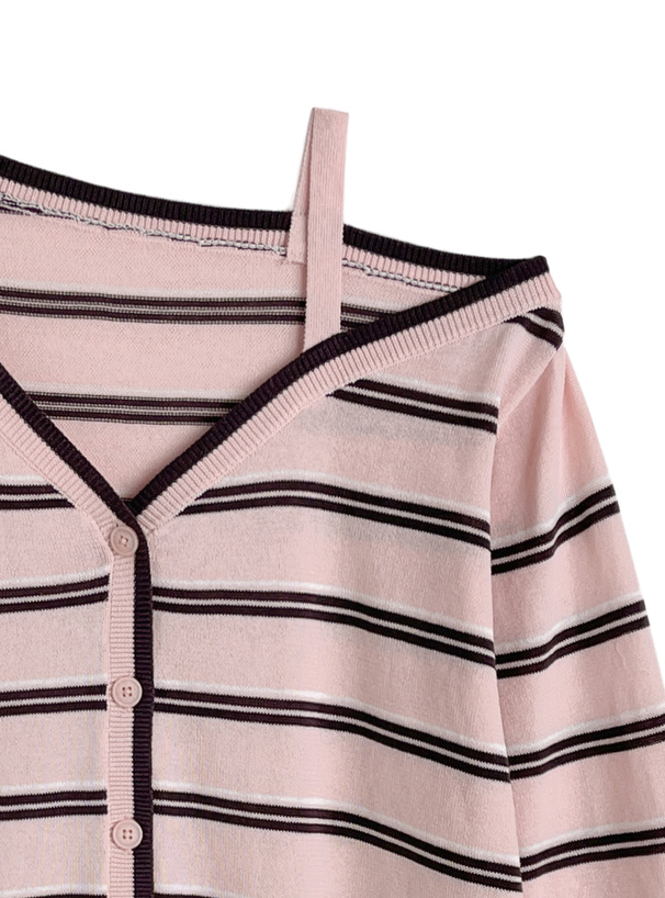 ボーダー柄ワンショルダーニットカーディガン