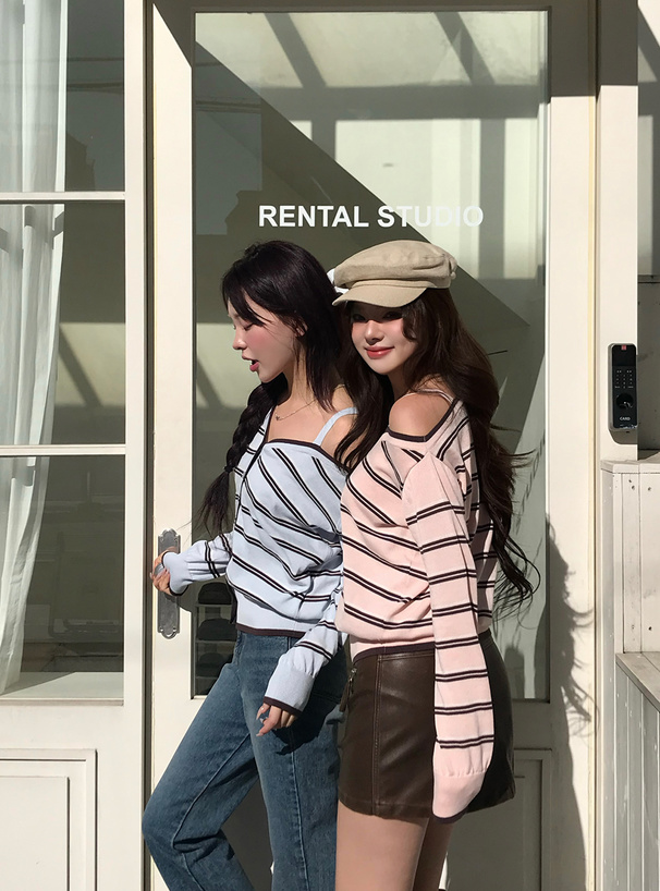 ボーダー柄ワンショルダーニットカーディガン