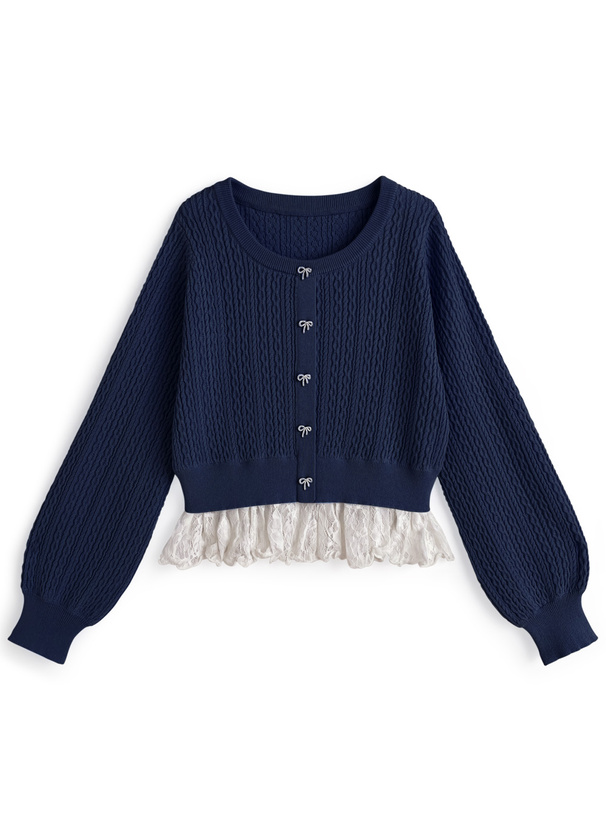 ビジューリボンレースドッキングケーブル編みニットトップス