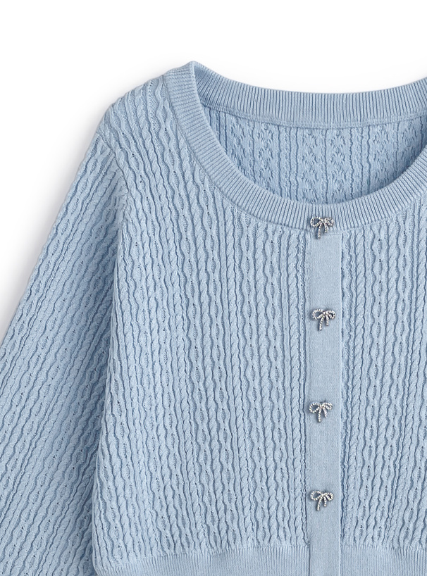 ビジューリボンレースドッキングケーブル編みニットトップス