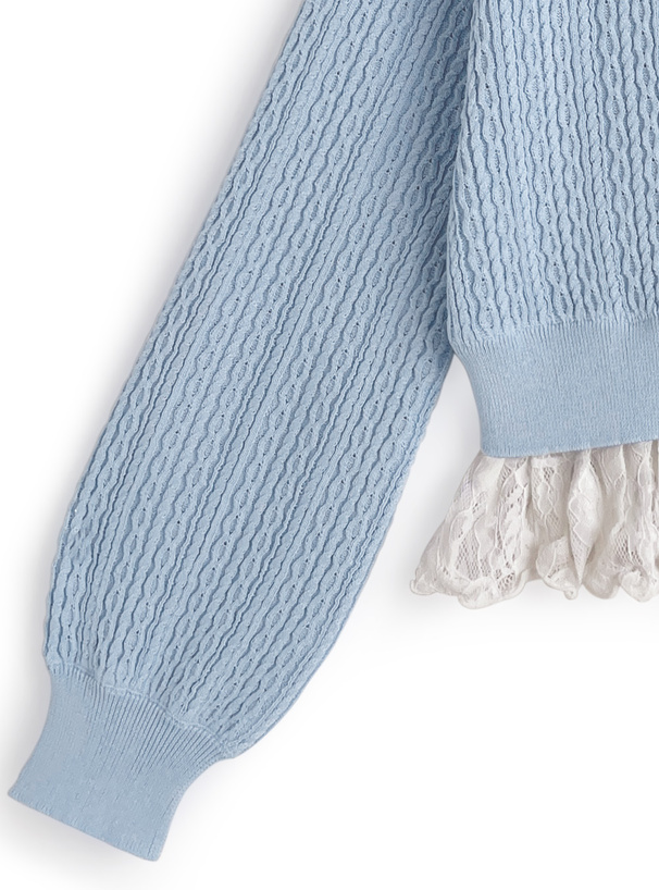 ビジューリボンレースドッキングケーブル編みニットトップス