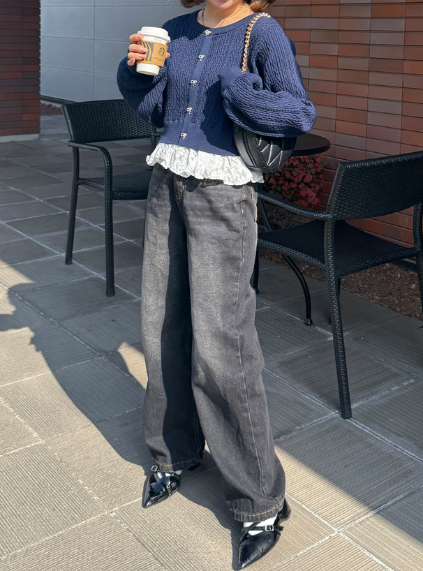 ビジューリボンレースドッキングケーブル編みニットトップス