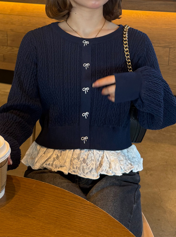 ビジューリボンレースドッキングケーブル編みニットトップス