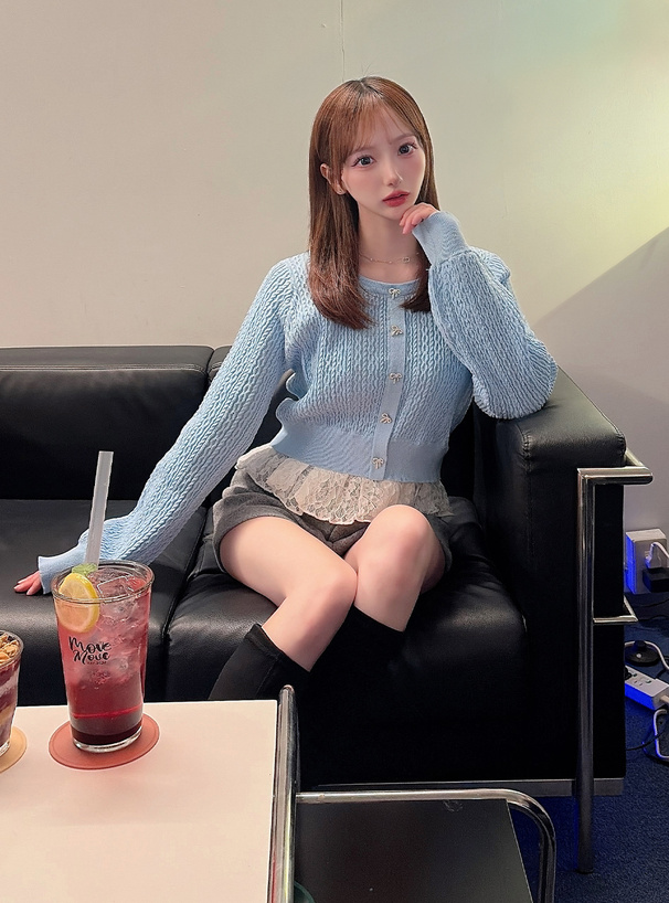 ビジューリボンレースドッキングケーブル編みニットトップス